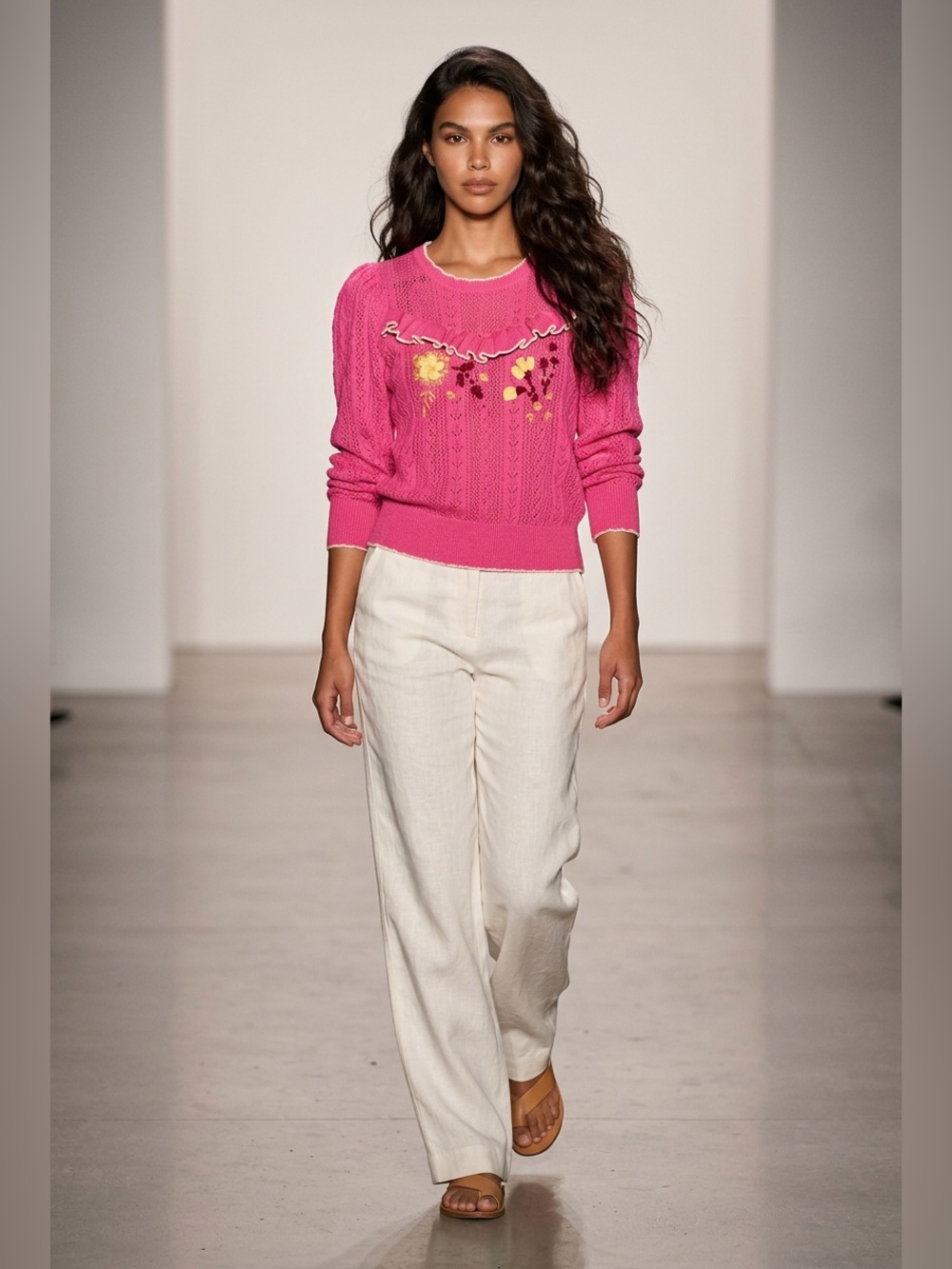 LoveShackFancy Hot Pink Ruffle Floral Embroidered Knit Sweater
